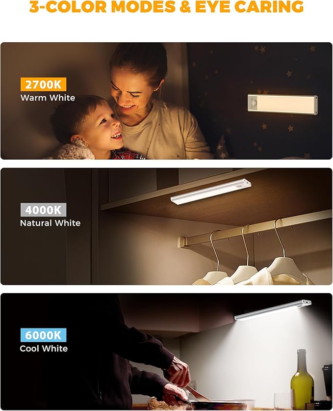 ASOKO Under Cabinet Lights Motion Sensor Light Indoor 3-Colors USB-C Rechargeable LED Closet Lights Battery Operated Wireless Magnetic Light Strip for Kitchen(Silver-3 Colors Light, 3 Pack-7.8inch)