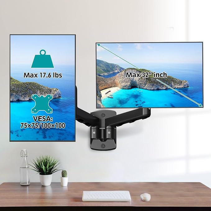 Dual Monitor Wall Mount for 13 to 32 Inch Computer Screens, Monitor Mounts for 2 Monitors Holds Up to 19.8lbs Each,Full Motion Gas Spring Monitor Arm with VESA 75x75/100x100