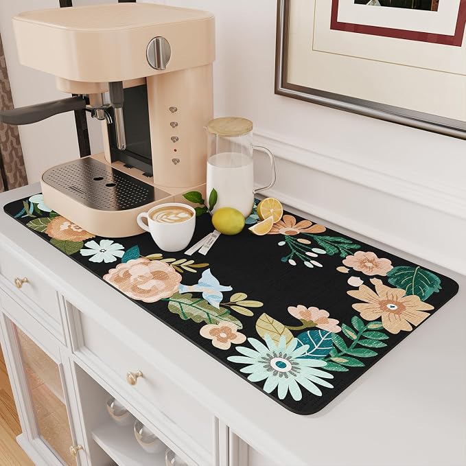 AMOAMI Coffee Mat Hide Stain Rubber Backed Absorbent Dish Drying Mat for Kitchen Counter - Fits Under Coffee Maker or Machine - Floral BLACK 17x31.5
