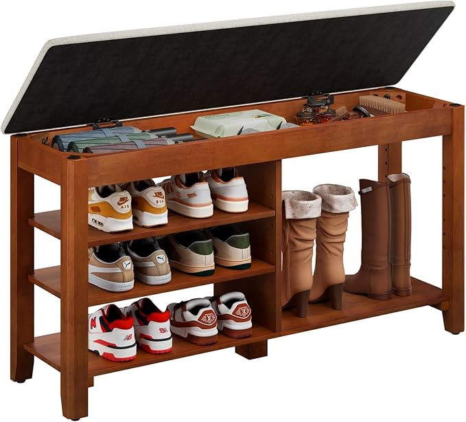 Shoe Rack Bench with Flip-Top Storage, Solid Wood Entryway Bench with Cushion, Adjustable Shelf, Shoe Organizer for Front Door Entrance, Hallway, Living Room, Mudroom (Beige, 39.4" L)