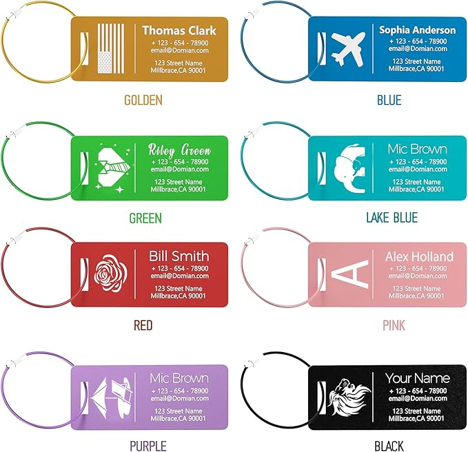4 Pack Personalized Luggage Tags, Custom Engraved Aluminum Luggage Tags with Your Personalized Text, Waterproof Metal Name Tags with Steel Loop for Bags, Suitcase, Baggage, Backpack (Green, Small)