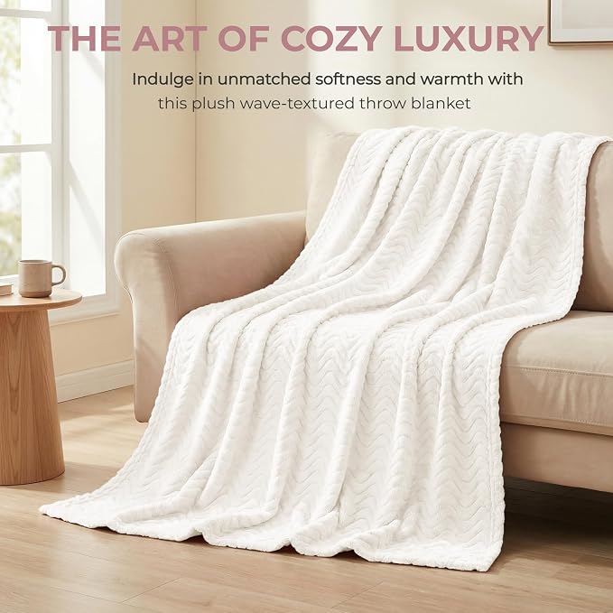 Exclusivo Mezcla Large Fleece Throw Blanket for Couch, Sofa, Ivory | 50"x70" Soft Breathable Lightweight Flannel Throws for Summer, Plush Cozy Jacquard Wave Blanket for Home Decor