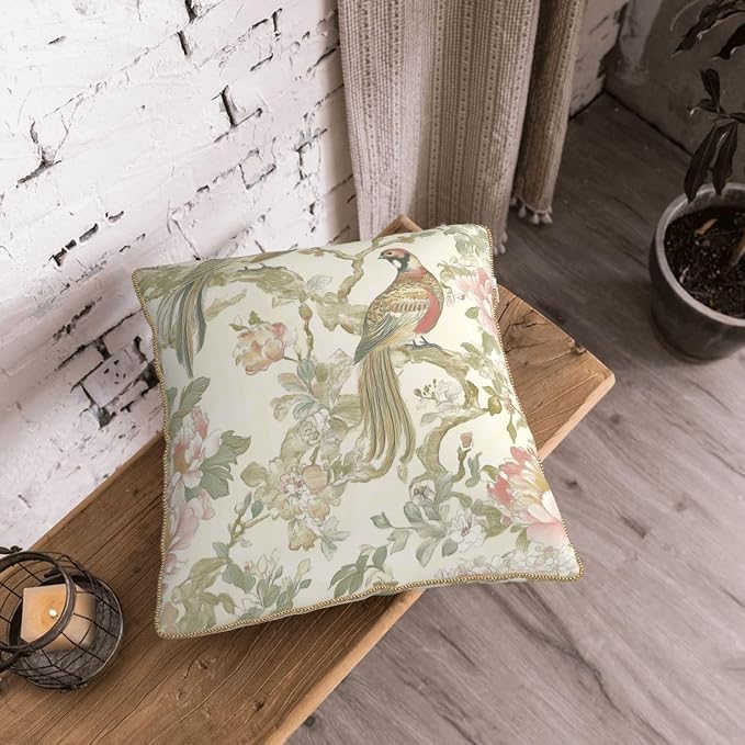 Vintage Bird Floral Velvet Pillow Covers 16x16 Inch Chinoiserie Flowers Leaves Throw Pillows for Couch Farmhouse Cushion Covers Pillowcase Light Green Leaf Pillow Cases for Sofa Bed Outdoor Decor