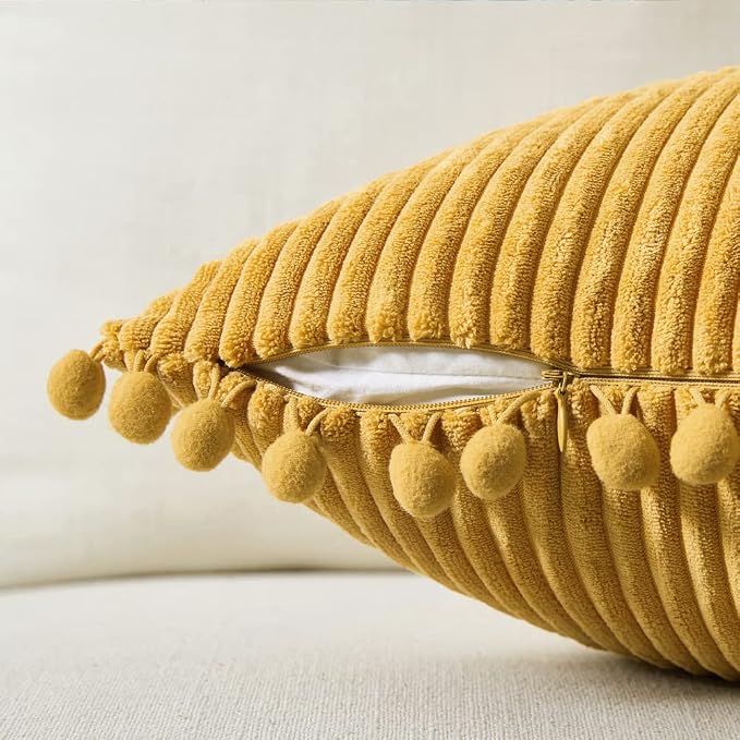 Fancy Homi Pack of 2 Mustard Yellow Decorative Throw Pillow Covers 16x16 Inch with Pom-poms for Living Room Couch Bedroom, Soft Corduroy Fall Solid Square Cushion Case 40x40 cm, Boho Home Decor