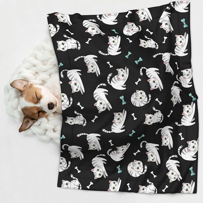 Double Sided Pet Throw for Dogs Who Shed, White Cute Cats, Reversible Blanket with Nubby Dot Side Catches Loose Fur for Easier Furniture Cleanup