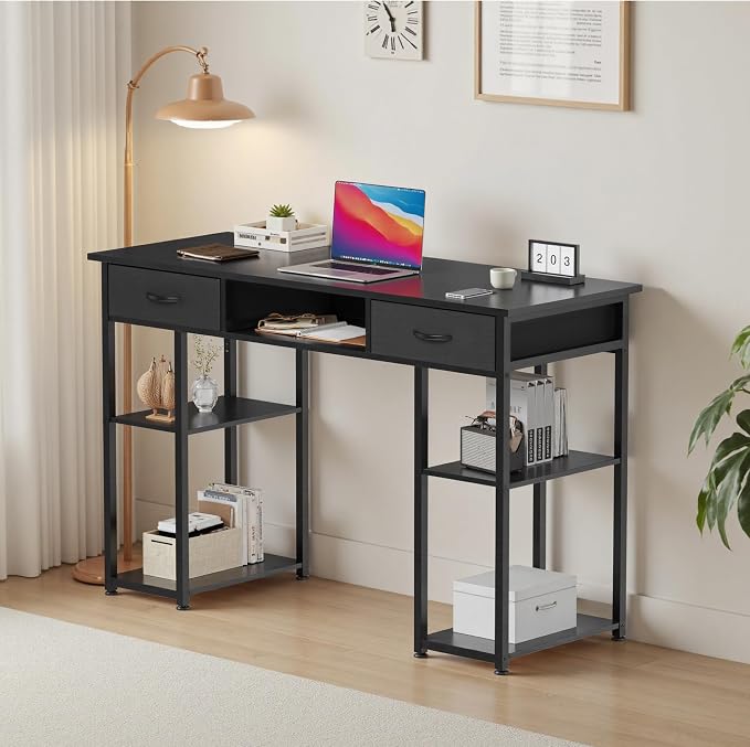 OLIXIS 48 Inch Desk with Storage, Computer Desk, Fabric Drawers | Home Office, Gaming Writing, Study Work, PC Table, Small Space Bedroom, Black