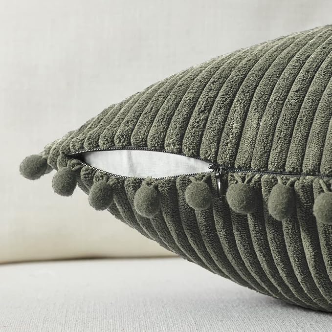Fancy Homi 2 Pack Olive Green Lumbar Decorative Throw Pillow Covers 12x24 Inch with Pom-poms for Couch Bedroom Sofa, Soft Corduroy Solid Rectangle Cushion Case 30x60 cm, Farmhouse Boho Home Decor