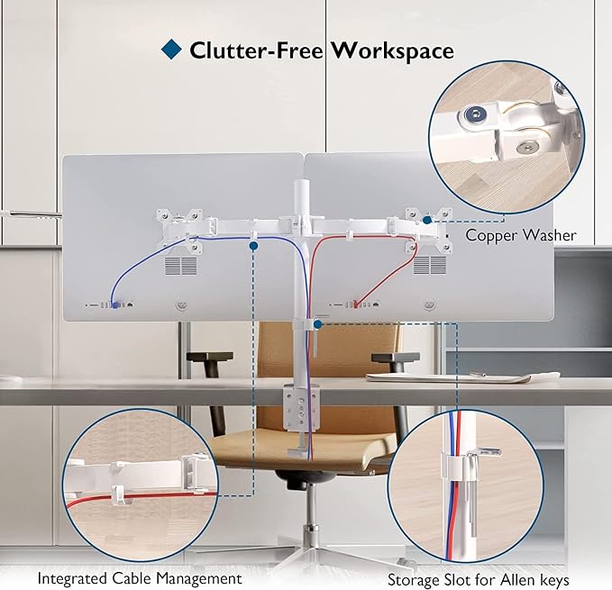 BONTEC Dual Monitor Desk Mount, 13-27 Inch, 22lbs, VESA 75x75/100x100,White | Full Motion Adjustable Stand, Heavy Duty Arms, C Clamp and Grommet Base, Cable Management for Flexible Screen Positioning