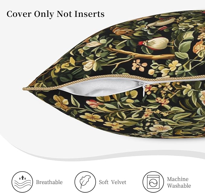 Vintage Floral Animal Velvet Pillow Covers 20x20 Inch Black Green Flowers Leaf Throw Pillows for Couch Farmhouse Cushion Covers Pillowcase Boho Chinoiserie Pillow Cases for Sofa Bed Outdoor Decor