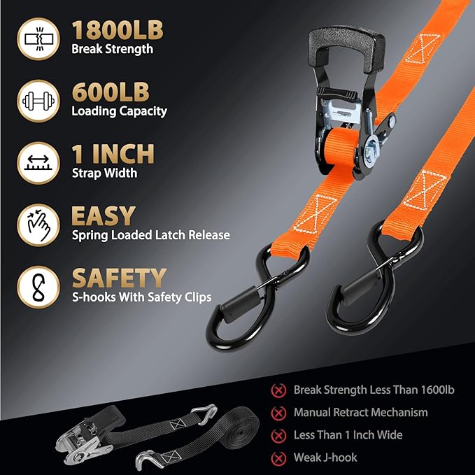 Ratchet Straps - Heavy Duty Tie Downs Straps - 1 Inch x 15 Feet 4 Pack - Safety S Hooks & Soft Loops, 1800LBS Break Strength for Men, Trucks Cargo Moving appliances Motorcycle ATV（Orange）
