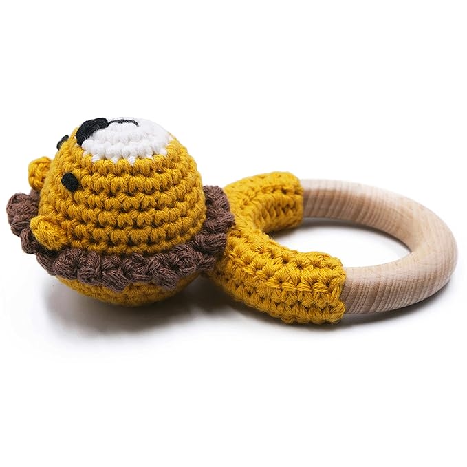 Joliecraft Woodland Friends Baby Rattle Shaker Toy with Wooden Teething Ring for Infants 3 6 9 12 Months Crochet Lion