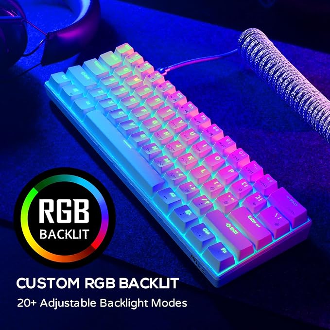 RK ROYAL KLUDGE RK61 Wireless Mechanical Keyboard with Coiled Cable, White | 60% RGB Gaming Keyboard with Bluetooth/2.4GHz/Wired, Hot Swappable 61 Keys Ultra-Compact for Win/Mac/PC, Tactile Brown Switch