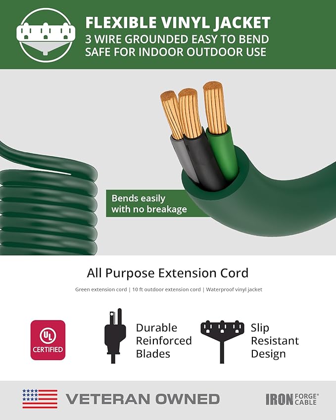 Iron Forge Cable 2 Pack 10ft Green Outdoor Extension Cord with 3 Outlets - 16/3 SJTW 10ft Extension Cord, 13 Amp All-Weather Heavy Duty Power Cable