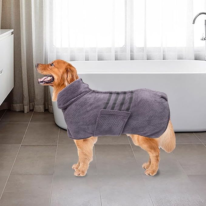 Geyecete Dog Bathrobe Towel Dog Drying Coat - Pineapple Grid Fast Drying Super Absorbent Pet Dog Cat Bath Robe Towel - Gray, Medium