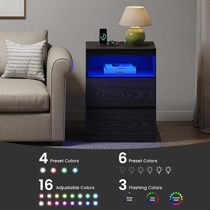 Nightstand Set of 2 with LED Lights, 26" H with Hidden Drawer,Bedside Table with Charging Station, 3 Drawers, Modern Night Stand for Bedroom, Black