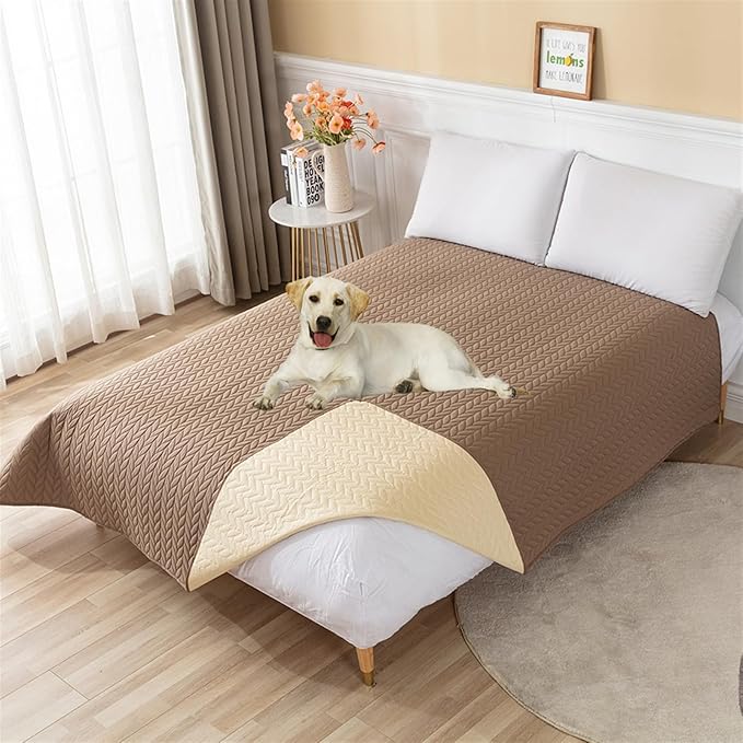 GIBZ Waterproof Dog Bed Cover Anti Slip Pet Furniture Protector Washable Blanket Large Soft Quilted Mat, Brown, 220x210cm