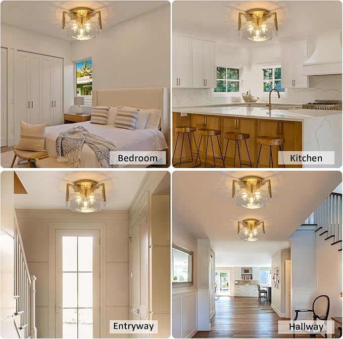 Modern Semi Flush Mount Ceiling Light Fixture, Gold Hallway Light Fixtures Ceiling Mount, Dimmable Foyer Kitchen Lighting Fixtures Ceiling Lights for Bedroom Bathroom Dining Room Laundry Room Entryway