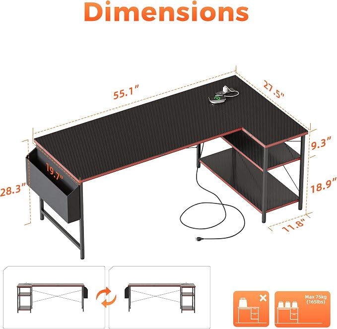 Mericonia 55 inch L Shaped Gaming Desk, Large Corner Desk with Shelves | Reversible Computer Desk with Power Outlets & Storage Bag, Office Table for Home Bedroom Study Work Writing