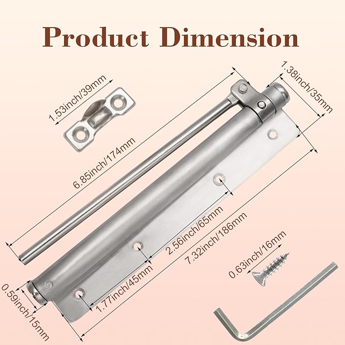 BokWin Automatic Door Closer for Home, Safety Spring Door Closers Adjustable Self Closing Device, Easy to Install with Arm, Screw, Wrench for 5kg (1 Pack, Silver)
