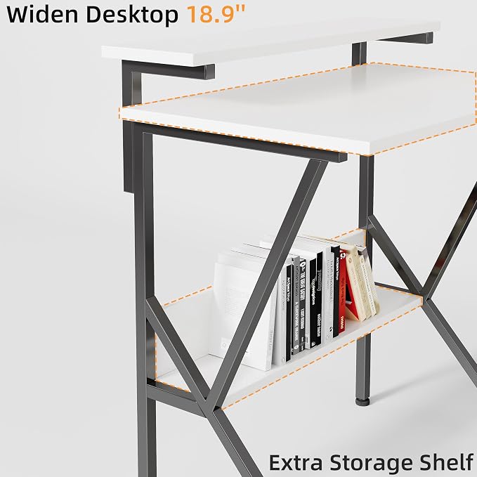 COTUBLR Small Desk, Small Computer Desk for Spaces, 27.5 Inch Computer Desk with Adjustable Monitor Stand, Compact Desk with Storage for Bedroom Home Office, White Tabletop+Black Frame