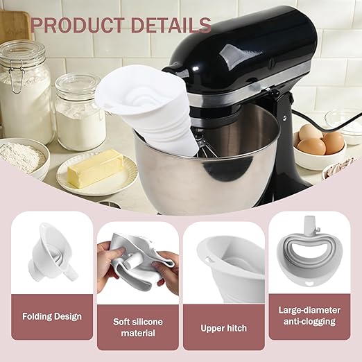 2Pcs Flour Funnel for Kitchen Mixer Bowl Cover Set, Compatible with Kitchen 4.5-5 Tilt-Head Stand Mixer, Anti-Splash Baking Accessories, Dishwasher Safe Comes with Brush, Shovel, Scraper