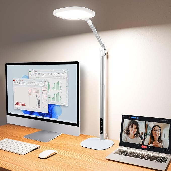 LitONES Tall LED Desk Lamps with Base, Edge-Lit Eye-Care, 50 Light Modes | 40" Height, Dimmable & Flexible, CRI>97.8, Memory and Timer Func, Stable Mental Base for Home Office, Video Calls & Drafting