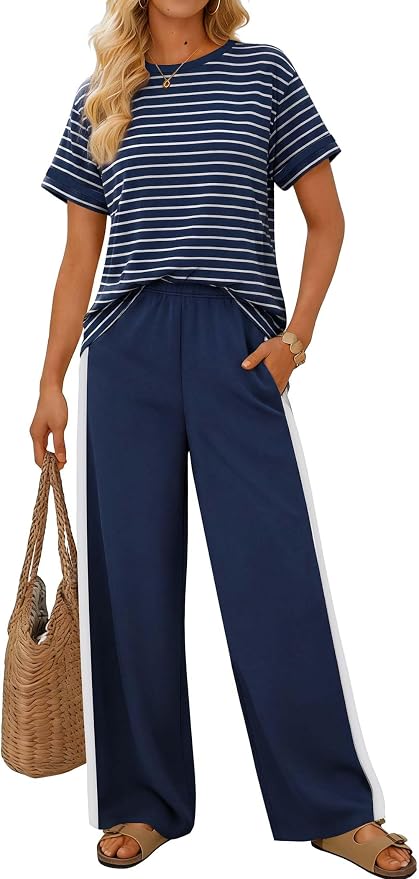 Sampeel 2 Piece Sets for Women Matching Sets Summer Outfits Resort Wear Short Sleeve Lounge Set Wide Leg Pants with Pockets