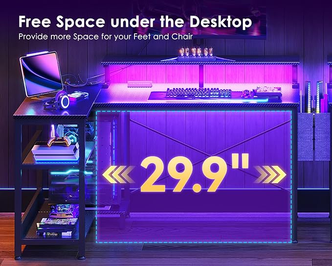 ODK 40 Inch L Shaped Gaming Desk with LED Lights, Power Outlets, Black | Adjustable Monitor Stand, Open Storage Shelves, Hanging Side Bag, PC Tower Stand, Reversible Layout for Gaming