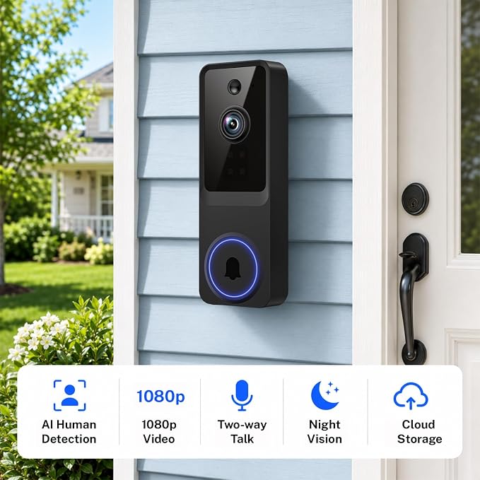 1080p Wireless Video Doorbell Camera with Smart AI Human Detection, Two-Way Audio, Live View, Night Vision, 2.4G WiFi, Battery Powered, App Control, and Cloud Storage for Home, Office & Pet Monitoring