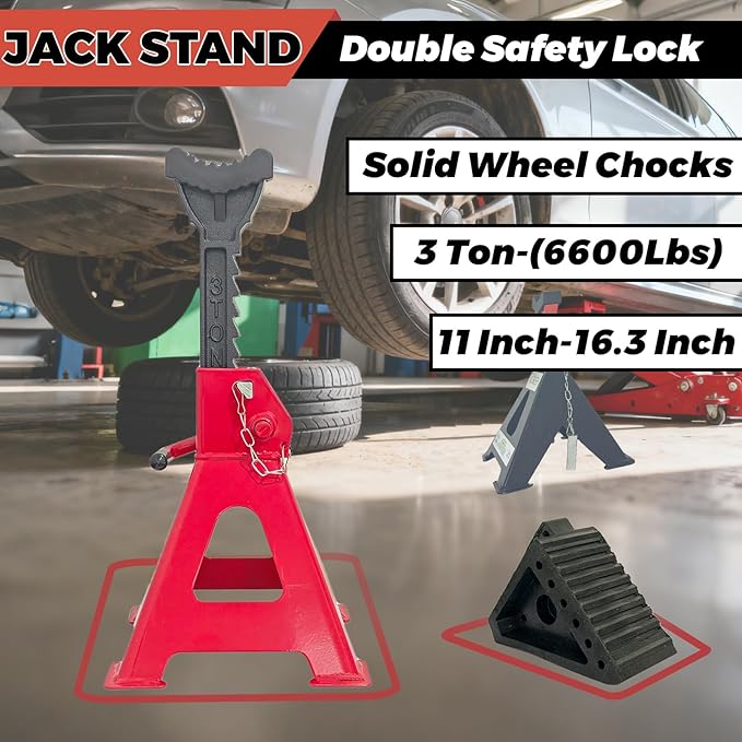 HENBOW Jack Stands，3 Ton Jack Stands with Solid Wheel Chocks，6600lbs Capacity,11"-16.33" Adjustable Car Lift Stands with Double Pin Locking,Black,1 Pair，Red