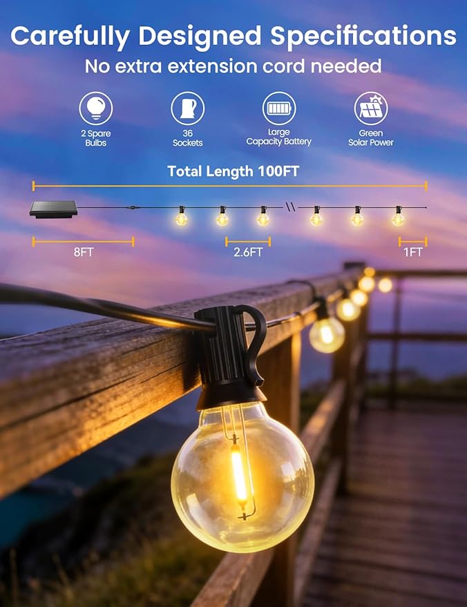 Brightever 100FT Solar String Lights Outdoor with Remote and 36+2 LED Shatterproof G40 Bulbs, Dimmable & Timable, 3 Lighting Modes, Waterproof Solar Power Outdoor Lights for Patio, Garden, Wedding