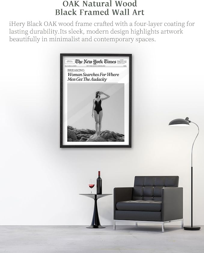 iHery 12x16in Where Men Get the Audacity Framed Newspaper Wall Art | Black Natural OAK Wood Frame with Canvas Print, Funny Magazine Decor for Bathroom Bedroom Girl Dorm Living Room, 1Pack