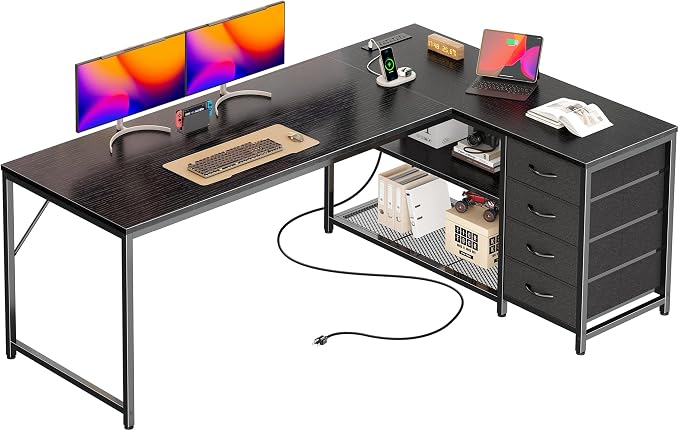 PRAISUN 61" L Shaped Desk with Power Outlets & USB-C Port, Reversible Computer Corner Office Desk with 4 Fabric Drawers and 2 Storage Shelves, Large Desk for Gaming Writing Study, Black