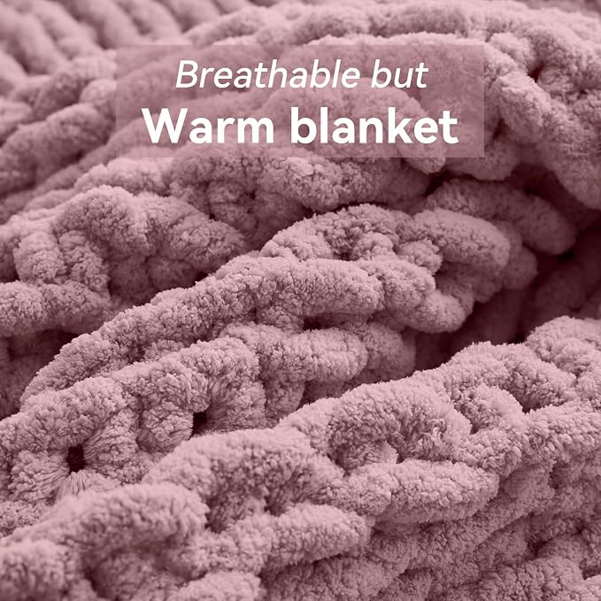 Negwoo Chunky Knit Throw Blanket, Knitted Throw Chenille Yarn, 40"*50" | Soft Thick Cable Knitted Blankets, Handmade Big Thick Blanket, Machine Washable Cute Comfy Blanket for Home Decor, Muted pink