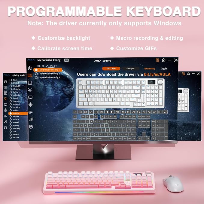 AULA S98 Pro Wireless Mechanical Keyboard with Screen & Knob,2.4GHz/USB-C/BT5.0 Hot Swappable Pink Creamy Keyboard,Pre-lubed Linear Switches,Side Printed PBT Keycaps,RGB Backlit Gaming Keyboards