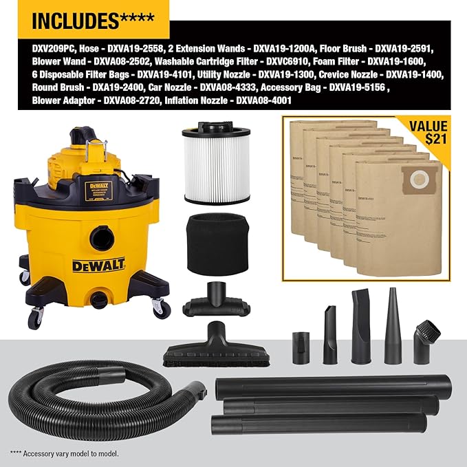 DEWALT Shop Vacuum Wet and Dry, 9 Gal 5 HP Shop Vac with Detachable Blower, Complete Full Set of Accessories & Storage Bag Design, Wet Dry Vacuum Cleaner for Garage Workshop Lawn Yard Patio, DXV209PC