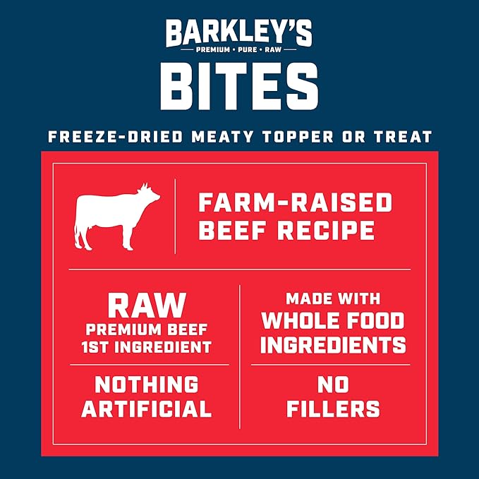 Barkley’s Bag Beef Bites, Freeze Dried Dog Treats & Food Topper, Made w/Beef, Barley, and Quinoa, Small Bite-Sized Pieces for Training Rewards, for All Dog Breeds, Ages & Sizes, 4 Oz Bag (6 Pack)