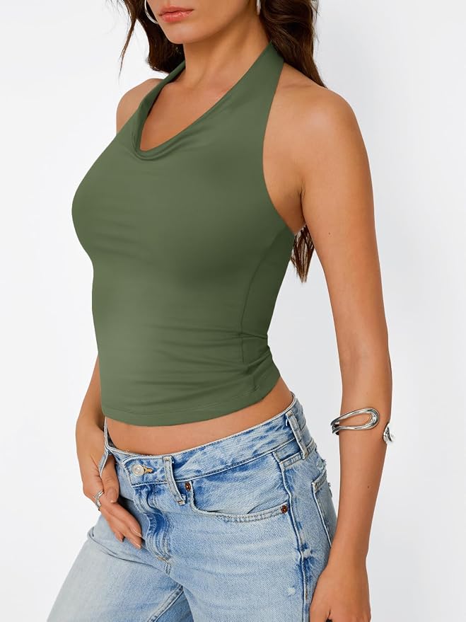 Trendy Queen Halter Tops for Women Going Out Summer Top | Cowl Neck Shirts, Sexy Backless, Fashion Y2K Clothes, Perfect for Party, Club, Vacation, Pair with High-waisted Bottoms