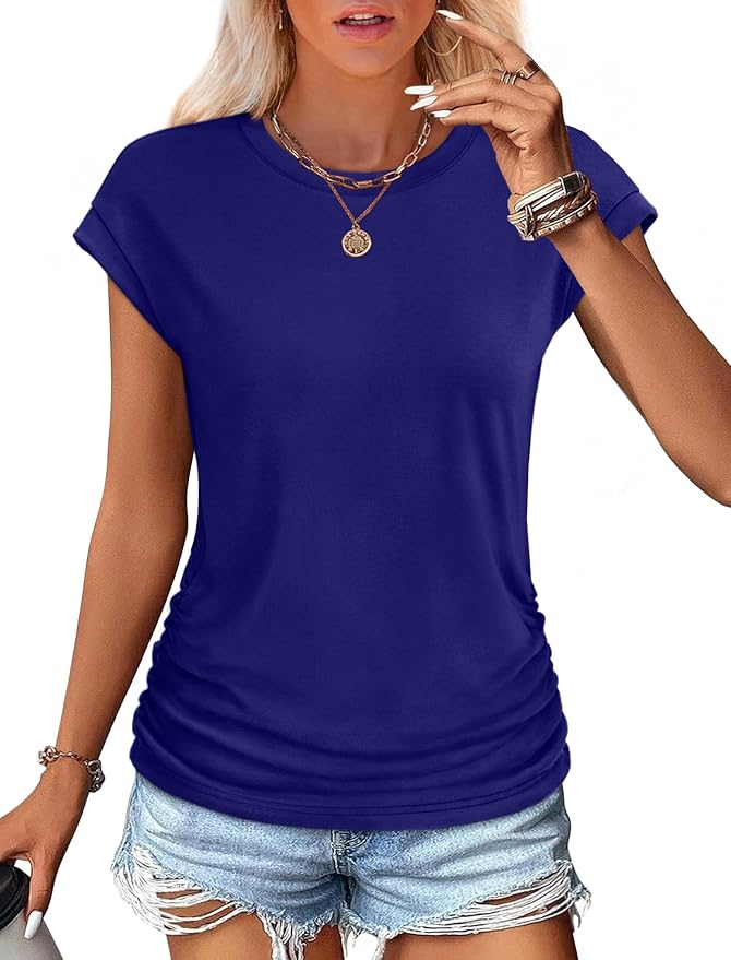 Sampeel Womens Summer Tops Trendy 2026 Ruched Cap Short Sleeve Tshirts Shirts Crew Neck T Shirts Fashion