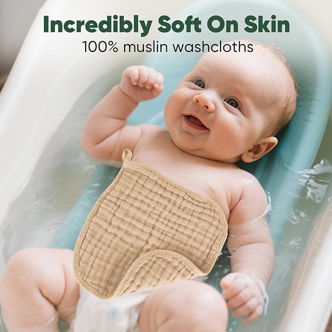 Baby Washcloths 100% Cotton Size is 12x12 inches. Lightweight, Portable, and Ideal for use at Home or on The go.(White & Coffee 6 Pieces)