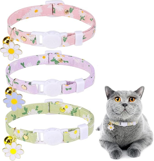 3 Pack Breakaway Cat Collars with Bell- Daisy Pendant Spring Cat Collar for Girl Boy Cats with Safety Buckle- Cute Kitten Collar Adjustable 8"-12" for Kitty Puppy Small Pets