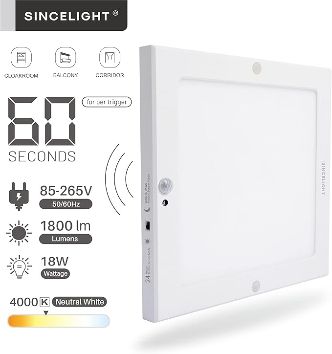 SINCELIGHT PIR Motion Sensor 18W LED Ceiling Light (Square), Automatically ON/Off, Movement Activated, Dual Mode Turnable, Neutral White 4000K, Surface/Flush Mount for Hallway,Porch, Pack of 1