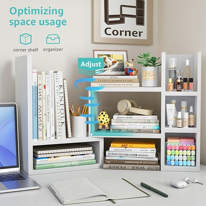 NUTIKAS Desk Shelves Desktop Organizer Shelf - White Office Organization for Top of Desk Organizers and Accessories Corner Bookshelf Table Top Shelving Small Hutch Decorations for Women Office
