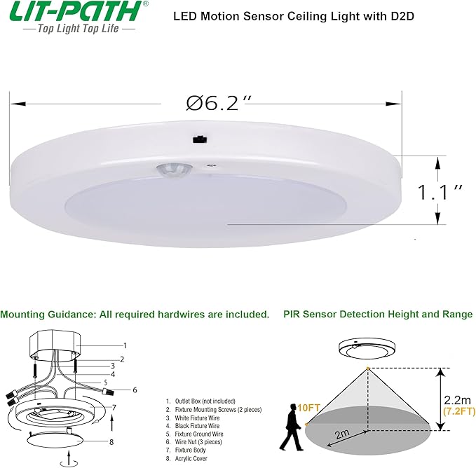 LIT-PaTH LED Flush Mount Ceiling Light, Closet Lighting Fixture with Motion Sensor and Dusk to Dawn, 10.5W, 800 Lumen, 6.2 Inch, Anti-Rust Galvanized Housing, White Finish 3000K 2-Pack