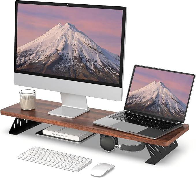 Fenge Monitor Stand Riser, 31.5 Inch Desk Top Shelf for 2 Monitors, Computer Stands for Desk, Wood & Steel Desktop Riser for Laptop, PC, Printer