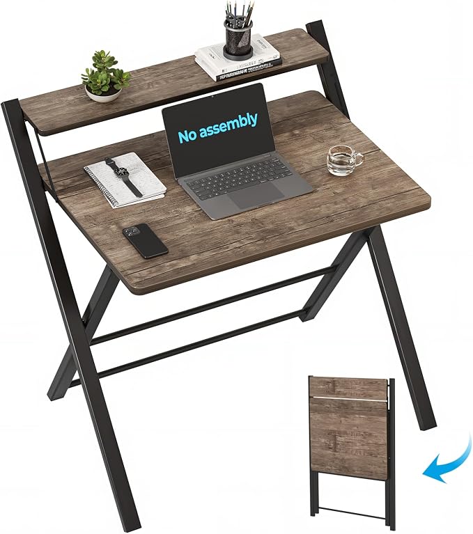 GreenForest Folding Desk No Assembly, Sturdy Computer Desk for Small Spaces | Portable Foldable Table for Laptop, 2-Tier Compact with Shelf, Space Saving for Home Office, Dorm, Apartment, 27"x 22" Brown