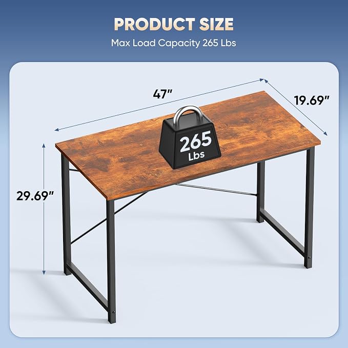 DUMOS 47 Inch Small Computer Desk, Gaming Desks for Home Office Bedroom | Modern Study Writing Work Table, Craft PC Desk Simple Workstation with Reinforcement Structure, Rustic Brown