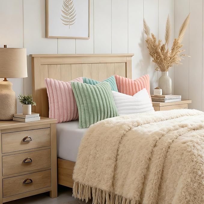 decorUhome Fall Faux Fur Throw Pillow Covers 18x18 Set of 2 Sage Green | Decorative Soft Cozy Striped Plush Modern Farmhouse Boho Couch Pillow Cases Velvet Back for Sofa Bed Living Room Home Decor