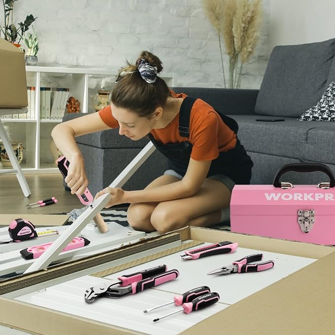 WORKPRO 75-Piece Pink Tools Set, 3.7V Rotatable Cordless Screwdriver and Household Tool Kit, Basic Tool Set with 13'' Portable Steel Tool Box for Home, Garage, Apartment, Dorm, New House - Pink Ribbon