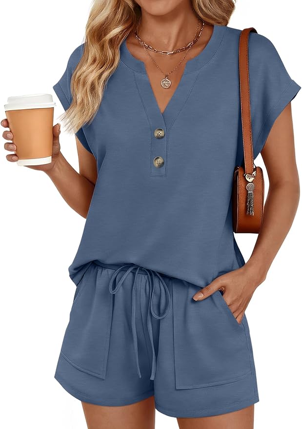 LILLUSORY 2 Piece Summer Set 2026 Henley Top & Drawstring Shorts with Pockets